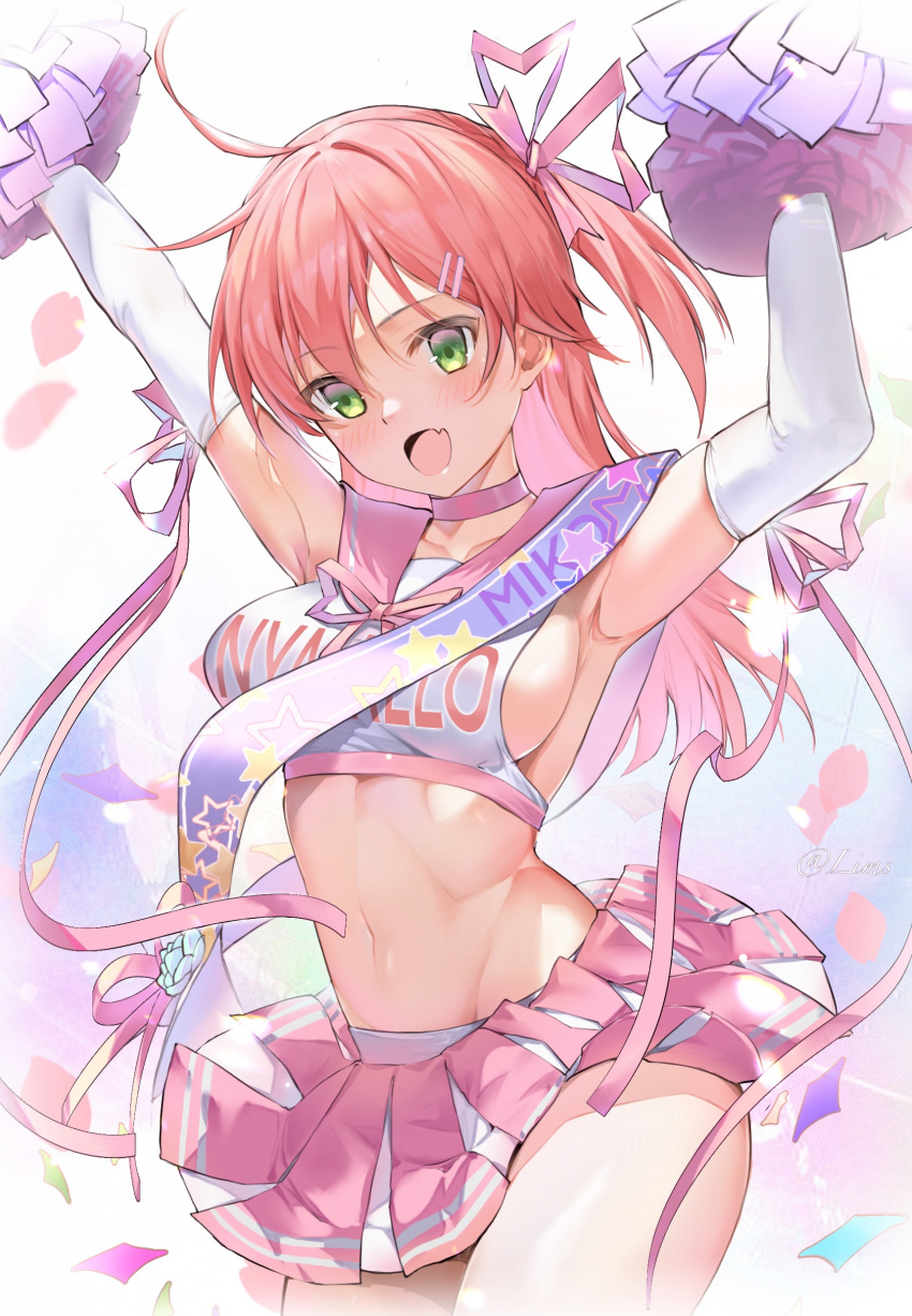 1girl :d absurdres ahoge armpits arms_up bangs blush breasts cheerleader choker clothes_writing collarbone commentary confetti cowboy_shot crop_top elbow_gloves english_commentary eyebrows_visible_through_hair fang gloves green_eyes hair_ornament hair_ribbon hairclip highres holding hololive lims_(neko2lims) long_hair looking_at_viewer medium_breasts miniskirt navel one_side_up open_mouth pink_choker pink_hair pink_ribbon pink_skirt pleated_skirt pom_poms ribbon sakura_miko sash sideboob signature skin_fang skirt sleeveless smile solo star_(symbol) stomach thighs toned virtual_youtuber white_gloves