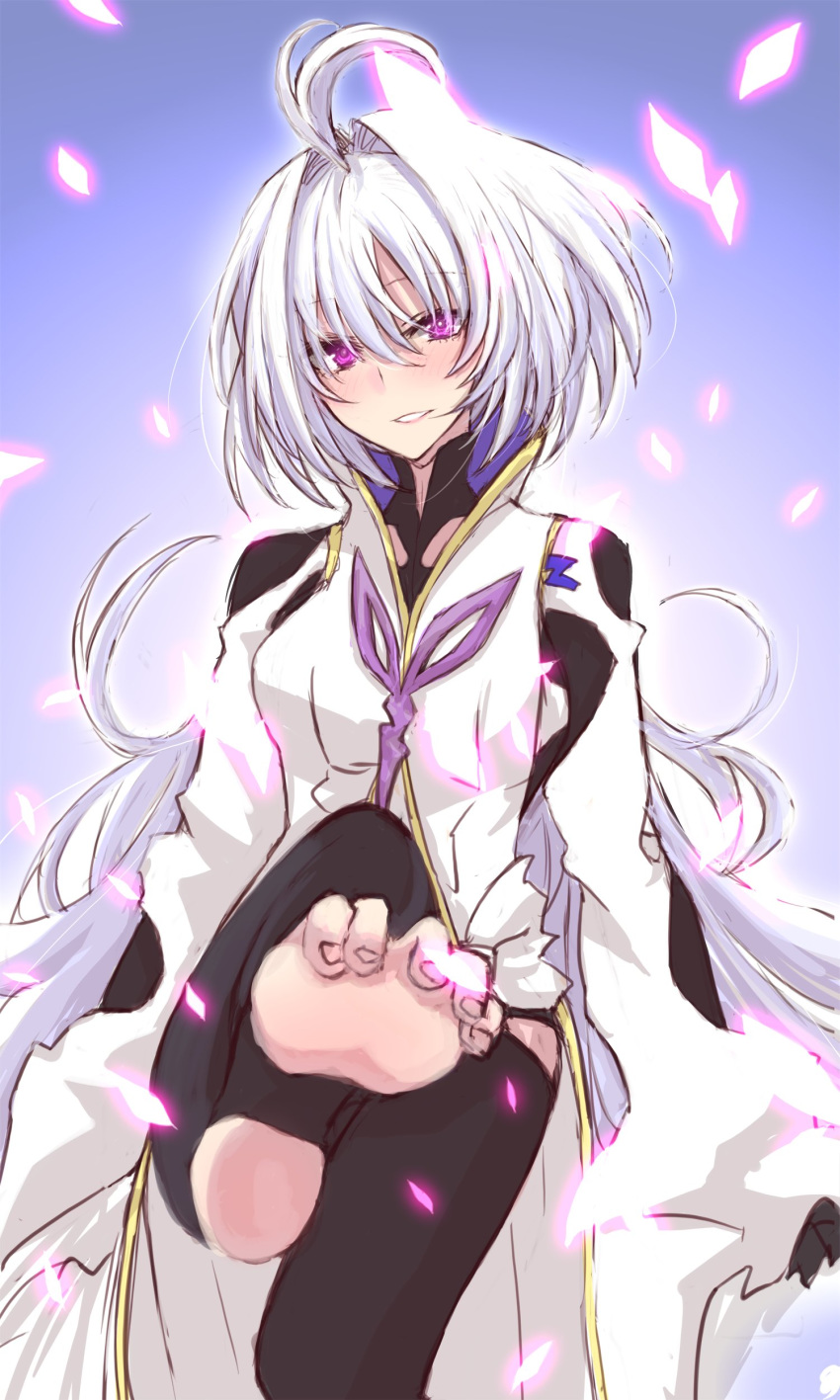 1girl absurdres antenna_hair bangs blush cowboy_shot fate/grand_order fate/grand_order_arcade fate/prototype fate_(series) feet grin highres himo long_hair looking_at_viewer merlin_(fate/prototype) petals purple_background purple_hair simple_background smile soles solo very_long_hair violet_eyes white_hair