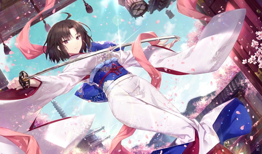 1girl ahoge architecture brown_hair check_commentary cherry_blossoms clouds commentary commentary_request dutch_angle east_asian_architecture floral_print gabiran glint hagoromo hanging_light highres japanese_clothes kara_no_kyoukai katana kimono looking_at_viewer obi obijime petals rolled_up ryougi_shiki sash screen shawl short_hair sky solo standing sword tassel tower violet_eyes weapon wind