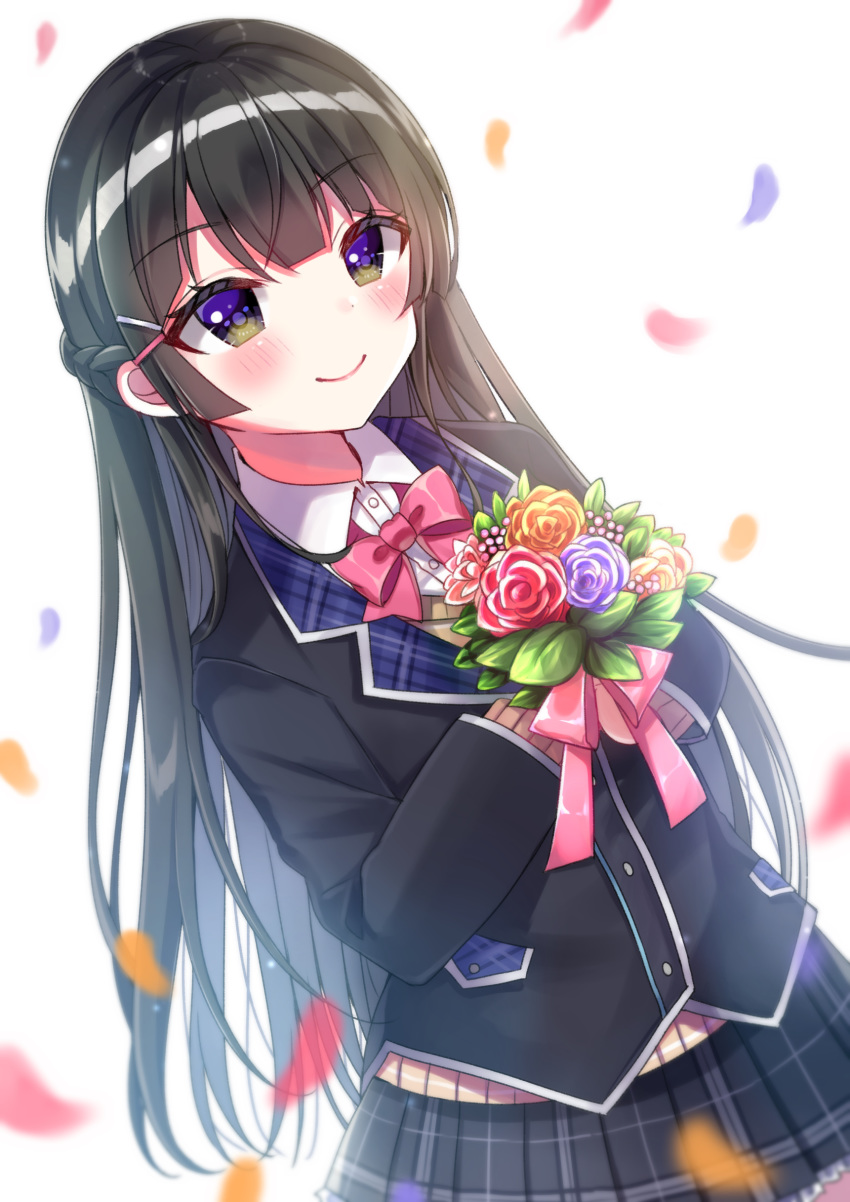 1girl absurdres bangs black_hair black_jacket black_skirt blazer blue_flower blue_rose blunt_bangs blush bouquet bow bowtie braid brown_eyes closed_mouth dutch_angle eyebrows_visible_through_hair flower frilled_skirt frills highres holding holding_bouquet jacket leaf long_hair long_sleeves looking_at_viewer minami_saki miniskirt nijisanji orange_flower orange_rose petals pink_bow pink_neckwear plaid plaid_skirt pleated_skirt red_flower red_rose rose school_uniform skirt smile solo straight_hair tsukino_mito very_long_hair