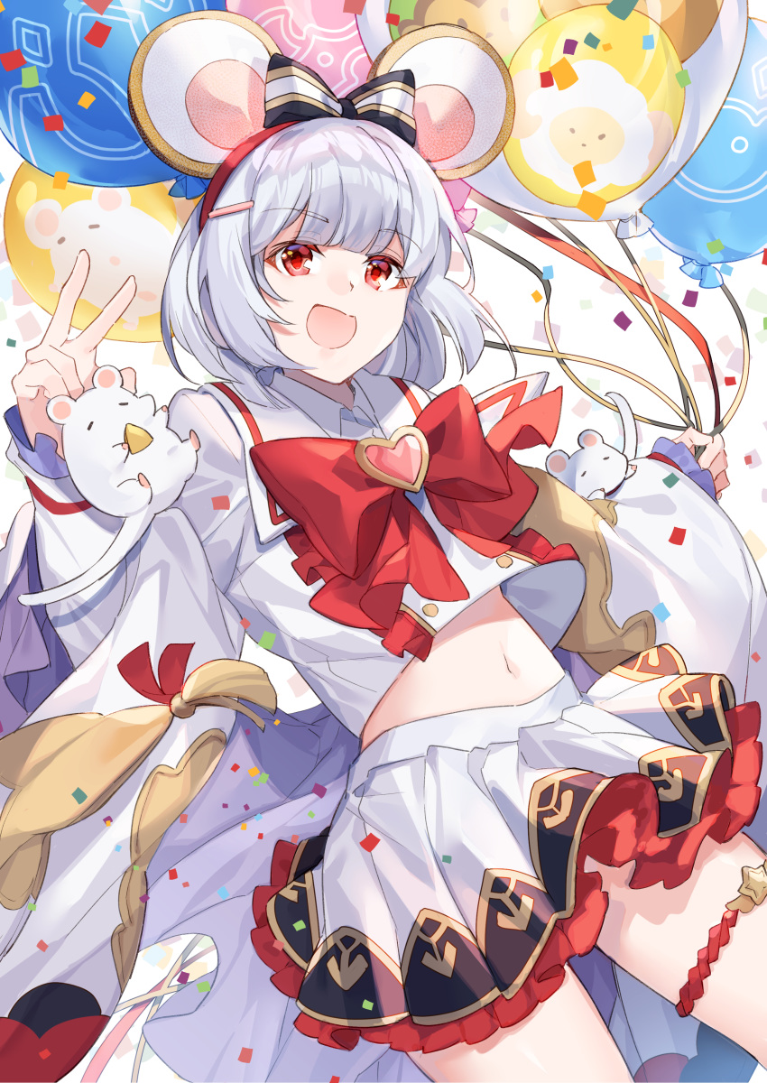 1girl :d absurdres animal_ears balloon black_bow bow commentary_request eyebrows_visible_through_hair granblue_fantasy hair_bow heart highres hizuki_miya long_sleeves looking_at_viewer midriff mouse mouse_ears navel open_mouth red_eyes silver_hair skirt smile solo v vikala_(granblue_fantasy) white_skirt wide_sleeves