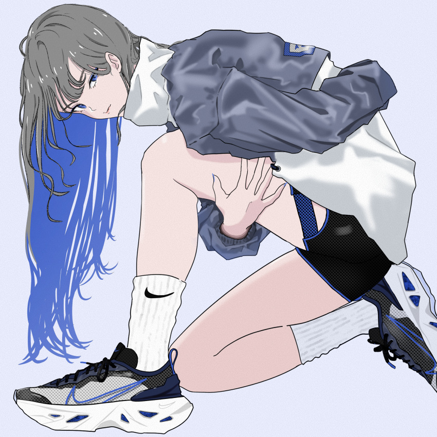 1girl absurdres grey_hair highres jacket k-tenji long_hair original shoes sneakers socks solo
