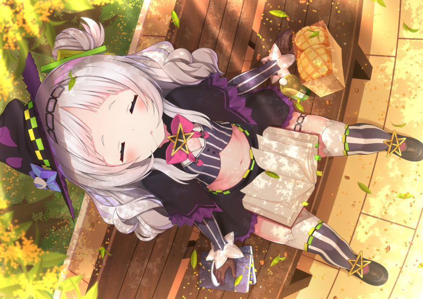 1girl absurdres autumn bag bangs bench black_legwear blunt_bangs book bottle bread breasts capelet commentary_request falling_leaves food from_above gloves hair_bun hair_ornament hat highres hololive huge_filesize leaf long_hair long_sleeves looking_at_viewer melon_bread midriff murasaki_shion navel paper_bag saliva saliva_trail sasakura_momiji short_eyebrows silver_hair sitting skirt sleeping small_breasts solo striped striped_legwear thigh-highs thighlet virtual_youtuber witch_hat