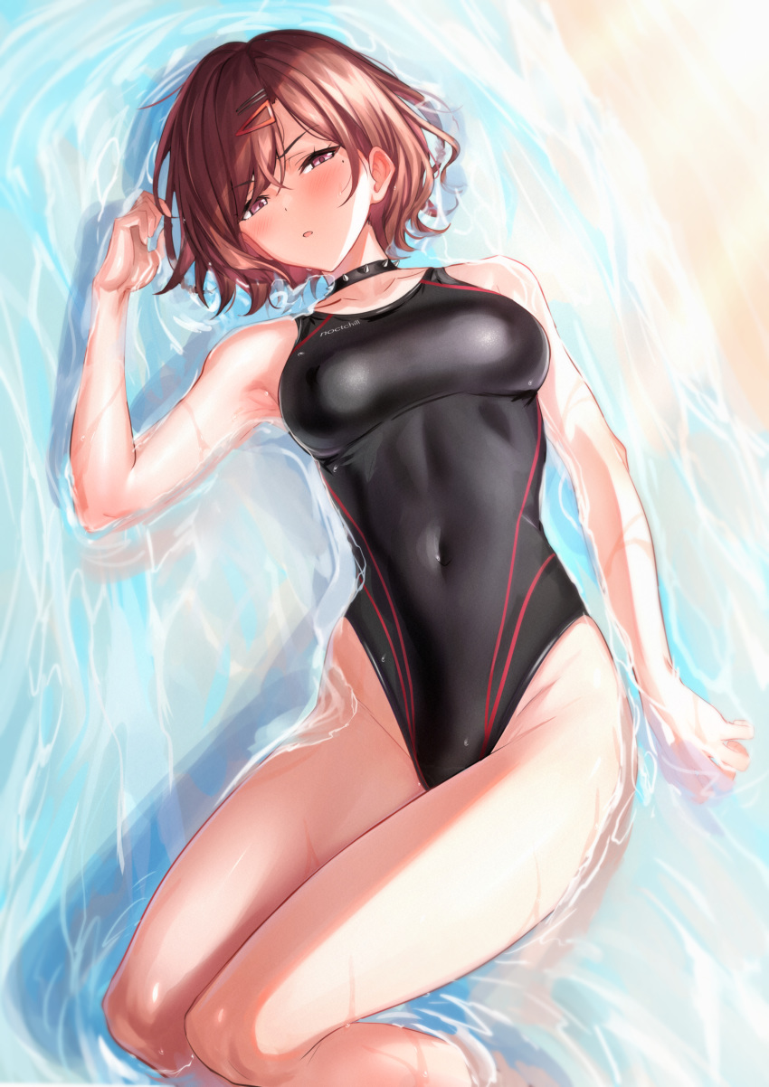 1girl absurdres bangs bare_shoulders bikini black_swimsuit blush breasts brown_hair collar collarbone hair_ornament hairclip highleg highleg_bikini highleg_swimsuit highres higuchi_madoka idolmaster idolmaster_shiny_colors looking_at_viewer lying medium_breasts on_back one-piece_swimsuit parted_lips short_hair spiked_collar spikes swept_bangs swimsuit thighs ulrich_(tagaragakuin) violet_eyes water wet