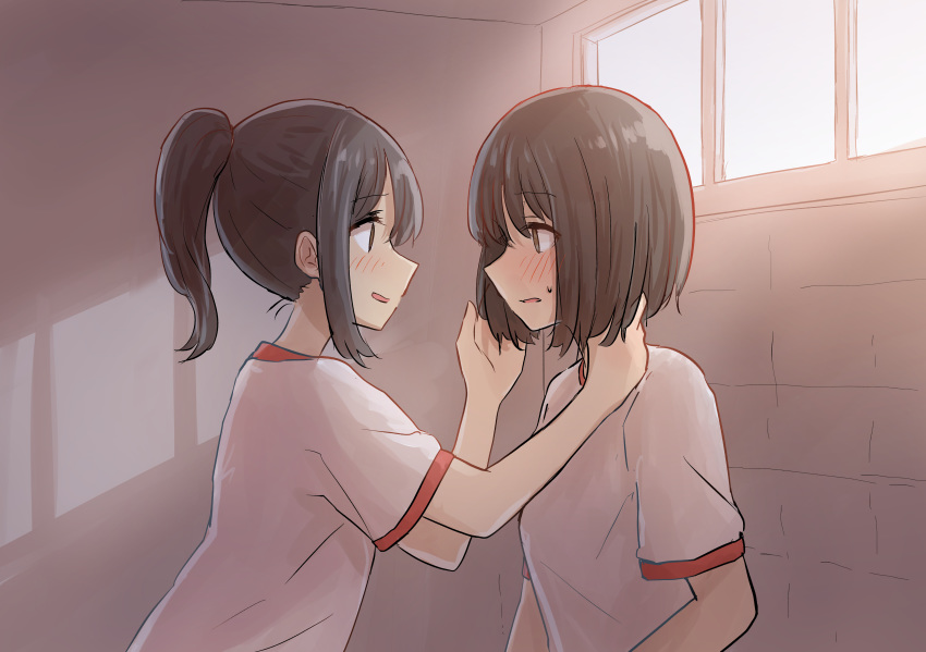 2girls absurdres betock black_hair blush bob_cut brown_hair gym_storeroom gym_uniform hand_in_another's_hair highres indoors multiple_girls original ponytail profile short_hair sweatdrop upper_body yuri