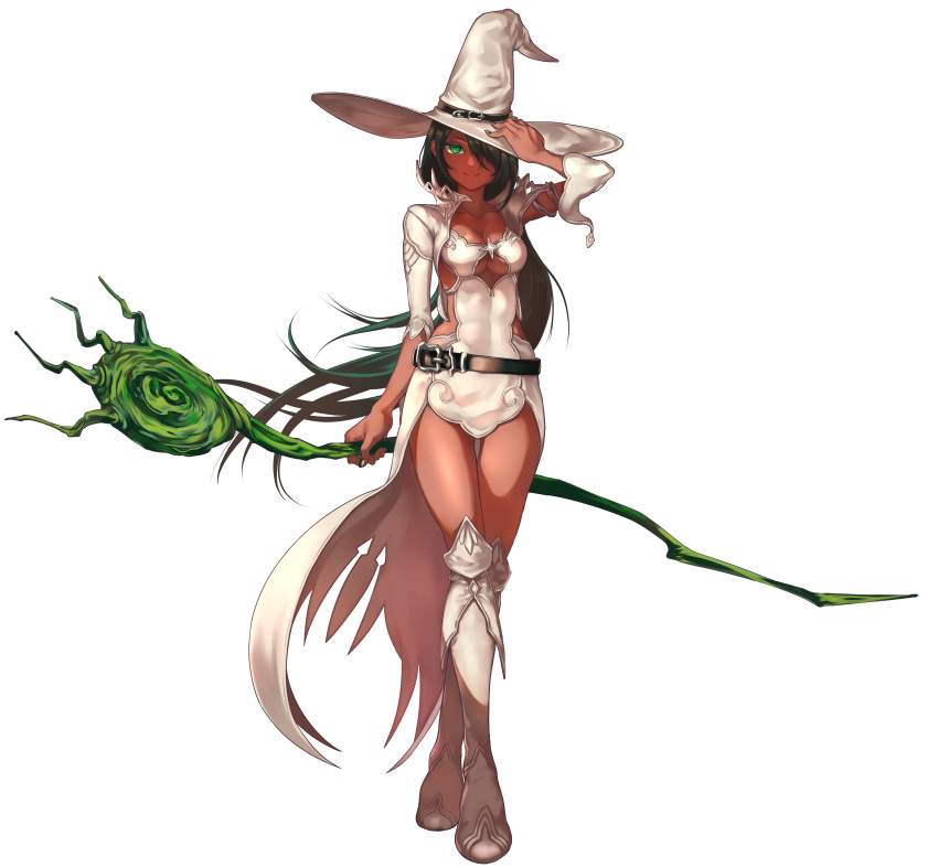 1girl absurdres belt black_belt black_hair boots borrowed_character breasts dark_skin dress full_body green_eyes hand_on_headwear hat highres kainownill long_hair looking_at_viewer medium_breasts original revealing_clothes short_dress shrug_(clothing) simple_background smile solo staff standing star_(symbol) thigh-highs thigh_boots very_long_hair white_background white_dress white_footwear white_headwear white_witch_(lack) wind witch witch_hat