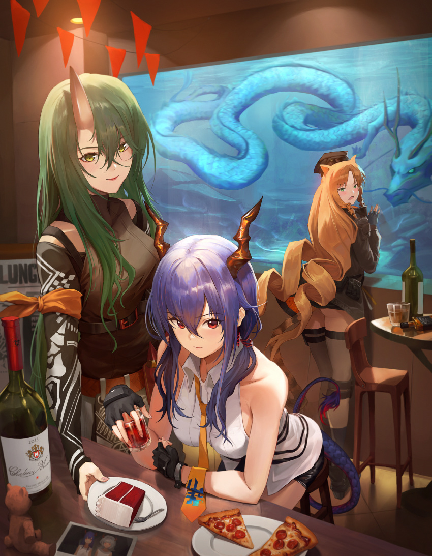 3girls absurdres arknights bangs bare_arms bare_shoulders black_headwear black_shirt blonde_hair blue_hair bottle ch'en_(arknights) commentary cup dragon_horns drill_hair drinking_glass eyebrows_visible_through_hair from_behind green_eyes green_hair hair_between_eyes highres holding holding_cup horns hoshiguma_(arknights) ko-ma long_hair looking_at_viewer looking_back multiple_girls necktie parted_lips pizza_slice plate red_eyes shirt sidelocks single_horn sleeveless sleeveless_shirt smile swire_(arknights) tail thigh-highs twintails very_long_hair white_shirt wing_collar yellow_eyes yellow_neckwear