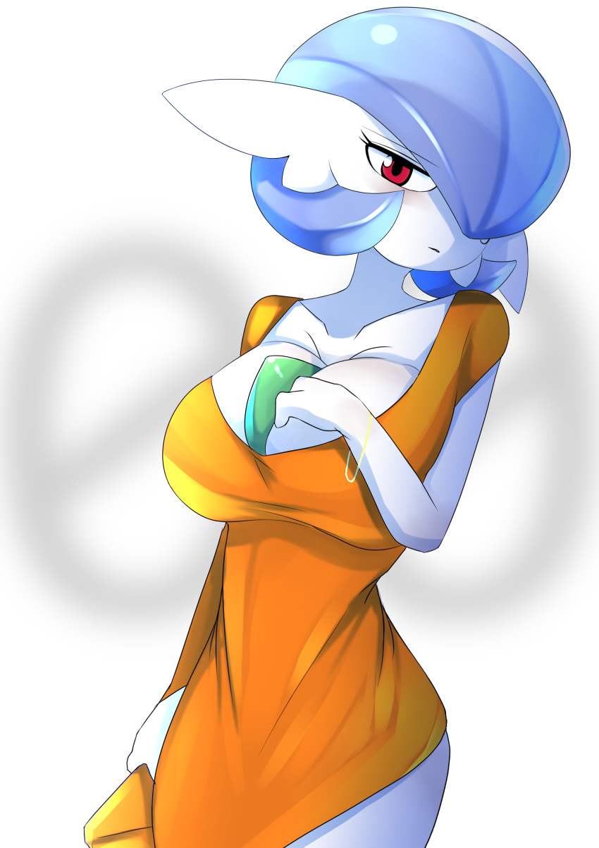 1girl absurdres ashraely bangs blue_hair blush bob_cut bracelet breasts closed_mouth collarbone cowboy_shot dress dress_tug english_commentary eyebrows_visible_through_hair gardevoir gen_3_pokemon hair_over_one_eye hand_up highres huge_breasts jewelry legs_together light_blush looking_at_viewer nervous orange_dress pokemon pokemon_(creature) red_eyes shiny shiny_hair shiny_skin short_dress short_hair short_sleeves simple_background solo sweat wavy_mouth white_background white_skin
