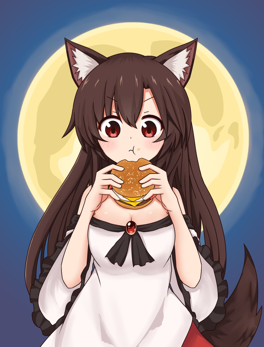 animal_ears bansyakumikan breasts brooch brown_hair dress eating eyebrows_visible_through_hair food frilled_sleeves frills full_moon hamburger highres holding holding_food imaizumi_kagerou jewelry long_hair long_sleeves medium_breasts monster_girl moon night off-shoulder_dress off_shoulder red_eyes tail touhou v werewolf white_dress wolf_ears