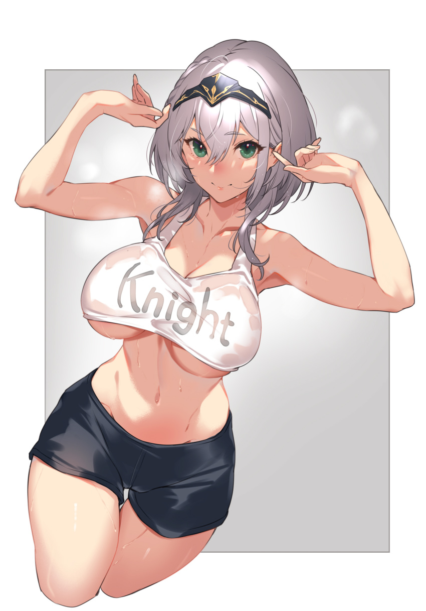 1girl bangs bare_shoulders black_shorts blush border breasts clothes_writing collarbone diadem green_eyes grey_background hands_up highres hololive kakage large_breasts looking_at_viewer navel shirogane_noel short_hair short_shorts shorts silver_hair smile thighs under_boob virtual_youtuber white_border