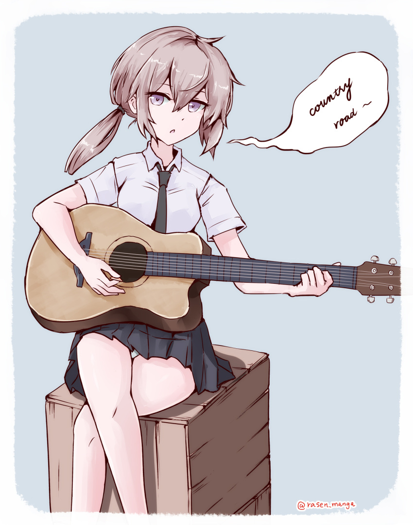 1girl breasts girls_frontline glaring grey_hair guitar highres instrument jitome looking_at_viewer m200_(girls_frontline) music panties rasen_manga shirt short_hair silver_hair singing sitting skirt solo underwear white_shirt