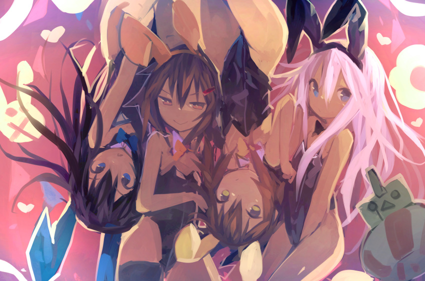 4girls absurdres akatsuki_(kantai_collection) alternate_costume animal_ears bangs bare_legs black_hair black_leotard blue_eyes brown_eyes brown_hair bunnysuit closed_mouth detached_collar fake_animal_ears hair_between_eyes hair_ornament hairclip heart hibiki_(kantai_collection) highres ikazuchi_(kantai_collection) inazuma_(kantai_collection) kaamin_(mariarose753) kantai_collection leotard long_hair multiple_girls pink_background rabbit_ears short_hair smile white_hair yellow_eyes