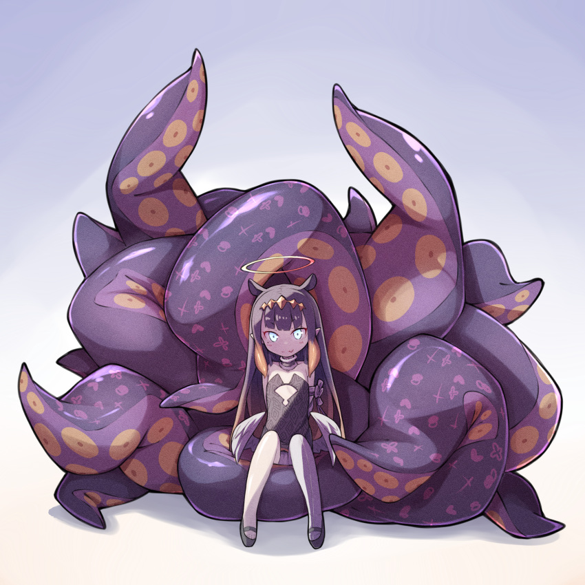 1girl blue_eyes fang full_body halo highres hololive hololive_english long_hair mmhomm ninomae_ina'nis purple_hair simple_background sitting skin_fang solo tentacles virtual_youtuber white_background