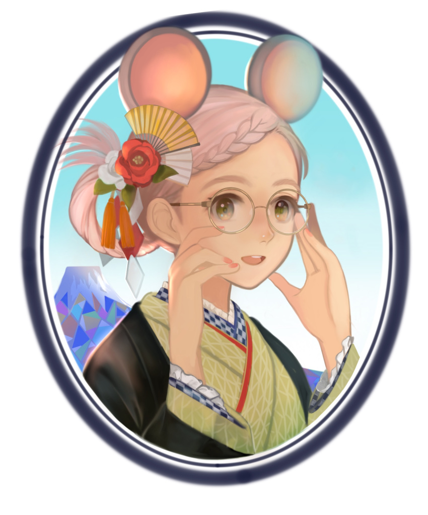 1girl :d animal_ears blue_sky braid chinese_zodiac commentary_request flower glasses green_eyes hair_fan hair_flower hair_ornament hands_up highres japanese_clothes kimono meu_(esekai) mountain mouse_ears nail_polish open_mouth original pink_hair pink_nails rose round_image short_hair sky smile solo year_of_the_rat