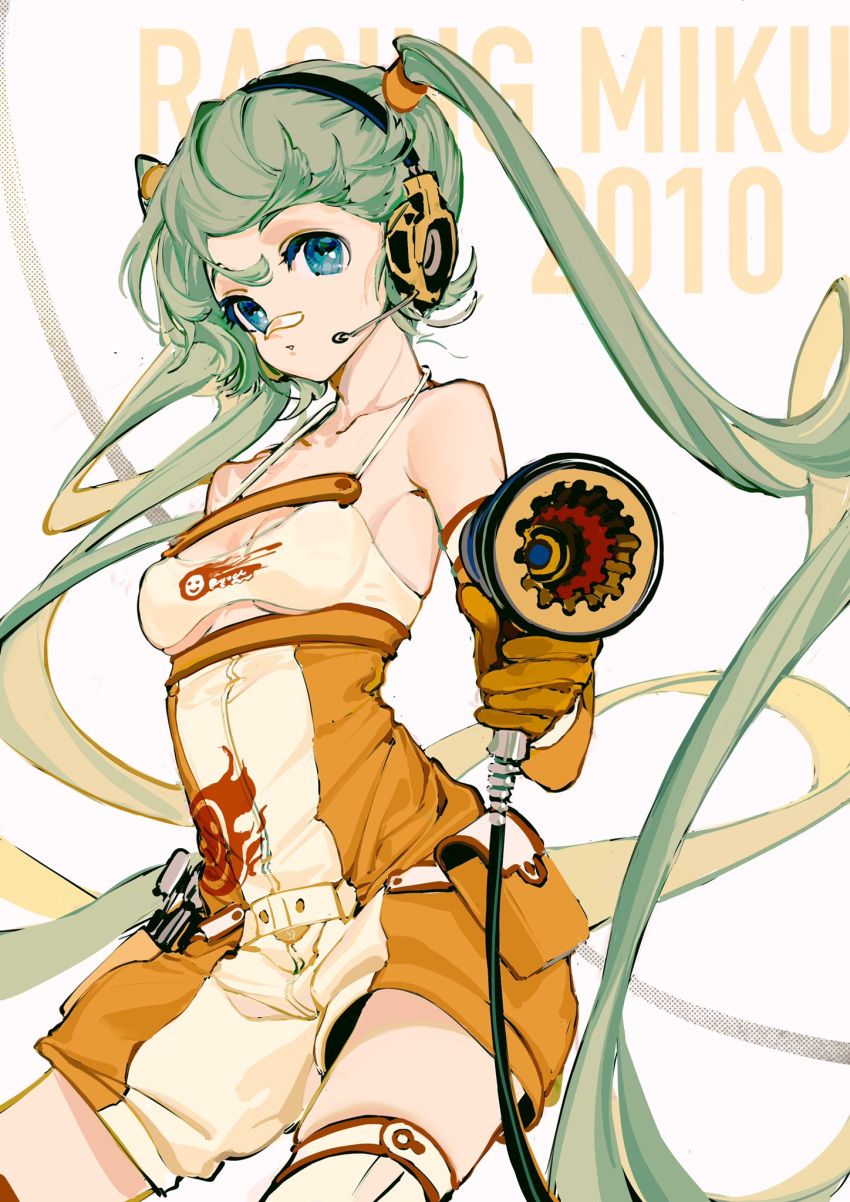 1girl aiming_at_viewer bandaid bandaid_on_nose bare_shoulders blue_eyes character_name commentary contrapposto cowboy_shot foreshortening goodsmile_racing green_hair hatsune_miku headphones headset highres holding impact_wrench logo long_hair looking_at_viewer orange_shorts parted_lips pocket racing_miku racing_miku_(2010) rumoon_cocoa shorts skindentation smiley_face solo sports_bra sportswear tools twintails two-tone_shirt two-tone_shorts very_long_hair vocaloid