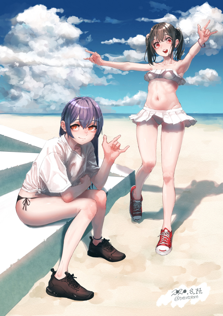 2girls \m/ absurdres beach black_hair double_\m/ ghode_(basashi) highres huge_filesize long_hair love_live! love_live!_school_idol_project multiple_girls ocean red_eyes shirt shoes sky sneakers sonoda_umi swimsuit twintails white_shirt yazawa_nico