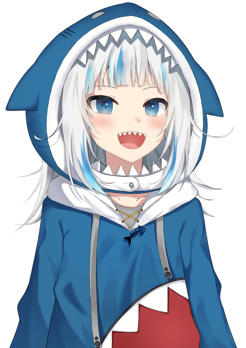 1girl :d absurdres atora bangs blue_eyes blue_hair blunt_bangs blush collarbone commentary_request fish gawr_gura highres hololive hololive_english hood hood_up hoodie long_hair long_sleeves looking_at_viewer multicolored_hair open_mouth shark_hood sharp_teeth simple_background smile solo streaked_hair teeth upper_body upper_teeth virtual_youtuber white_background white_hair