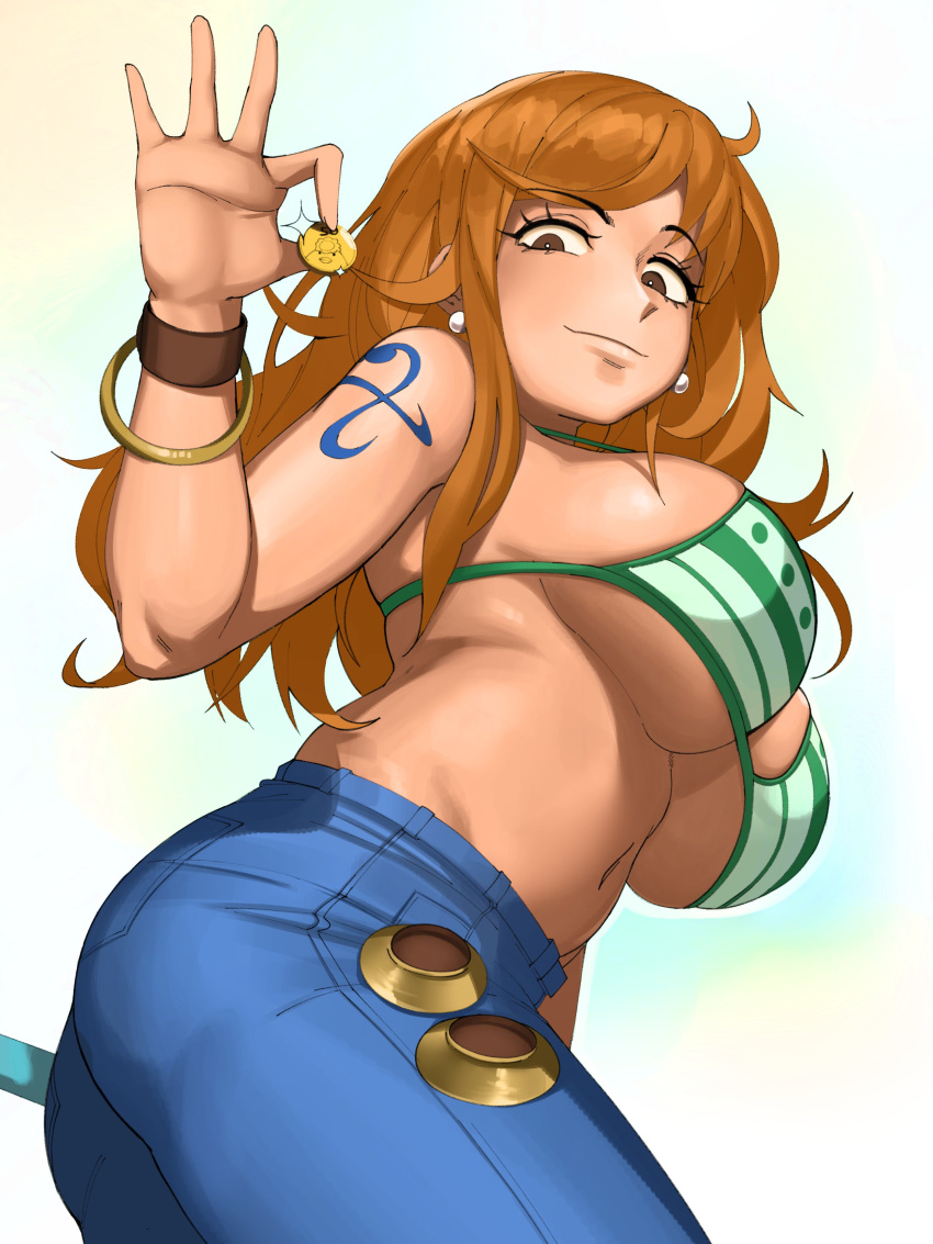 1girl absurdres ass bangle bikini bikini_top bracelet breasts brown_eyes clima-tact coin commentary denim english_commentary from_below green_bikini highres holding holding_polearm holding_weapon jeans jewelry kevbot large_breasts long_hair looking_at_viewer midriff nami_(one_piece) one_piece orange_hair pants polearm shoulder_tattoo sideboob solo strap_gap striped striped_bikini swimsuit tattoo under_boob weapon