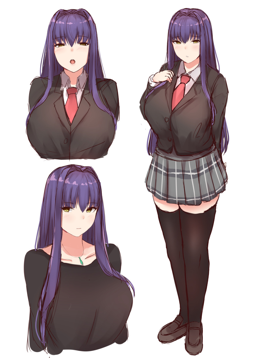 1girl bangs black_jacket black_legwear black_shirt blush breasts collarbone grey_skirt highres jacket jewelry john_zhang large_breasts long_hair long_sleeves looking_at_viewer multiple_views necklace necktie open_mouth original purple_hair red_neckwear school_uniform shirt simple_background skirt thigh-highs thighs yellow_eyes