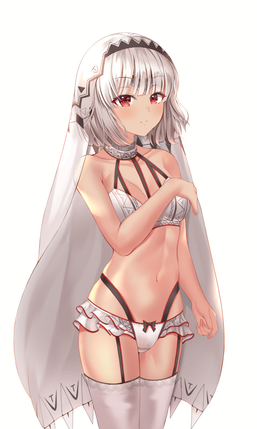 1girl altera_(fate) bare_arms bare_shoulders bikini bikini_skirt bnari breasts cowboy_shot crotch_seam fate/extella fate/extra fate_(series) garter_straps halter_top halterneck hand_on_own_chest highleg highleg_bikini highres looking_at_viewer navel red_eyes short_hair silver_hair simple_background small_breasts solo stomach swimsuit thigh-highs thighs veil white_background white_bikini white_legwear