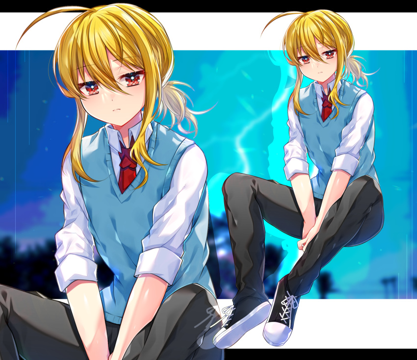 1boy ahoge akirannu between_legs black_footwear black_pants blonde_hair blue_vest closed_mouth collared_shirt drop_shadow full_body hand_between_legs highres invisible_chair letterboxed looking_at_viewer low_ponytail male_focus medium_hair necktie original outside_border pants red_eyes red_necktie shirt sidelocks sitting sleeve_cuffs sleeves_past_elbows solo vest white_footwear white_shirt zoom_layer