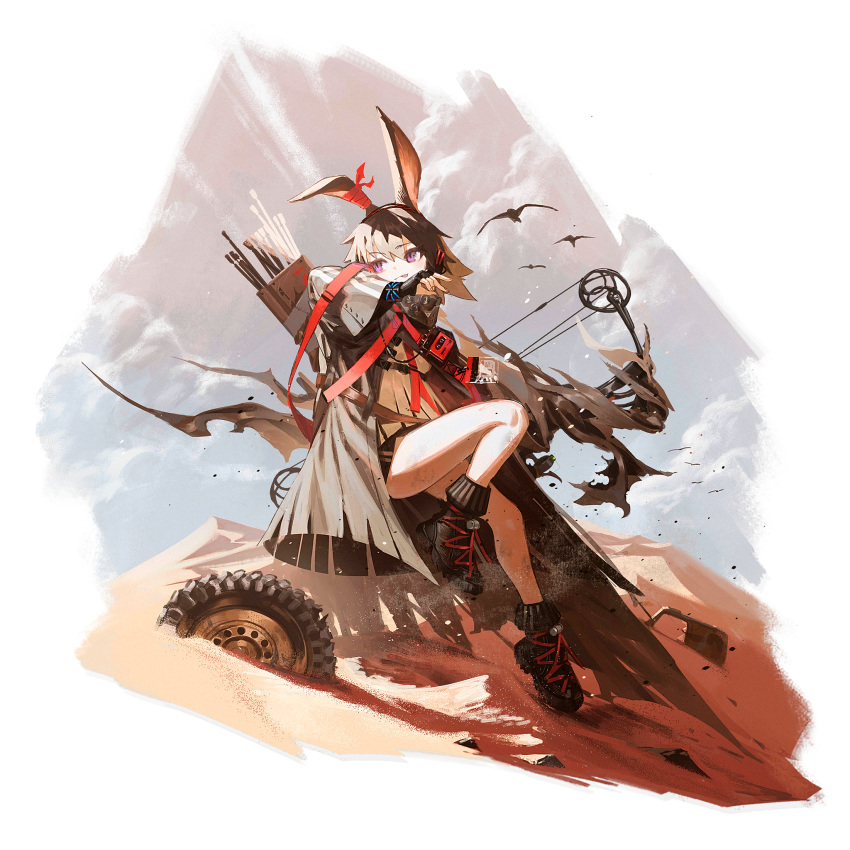 1girl alternate_costume animal_ears april_(arknights) arknights arrow_(projectile) bangs bare_legs black_footwear boots bow_(weapon) coat compound_bow grey_coat hair_between_eyes highres holding holding_bow_(weapon) holding_weapon long_sleeves official_art open_clothes open_coat quiver rabbit_ears reoen short_hair solo transparent_background violet_eyes weapon
