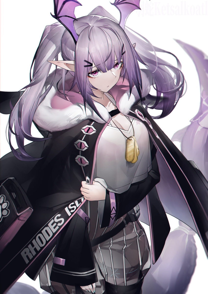 1girl absurdres arknights bangs breasts elite_ii_(arknights) expressionless fur_trim hair_ornament hairclip head_wings highres hood jacket large_breasts long_hair long_sleeves looking_at_viewer manticore_(arknights) pointy_ears purple_hair scorpion_tail shirt shorts solo tail twintails violet_eyes white_shirt wings yushi_ketsalkoatl