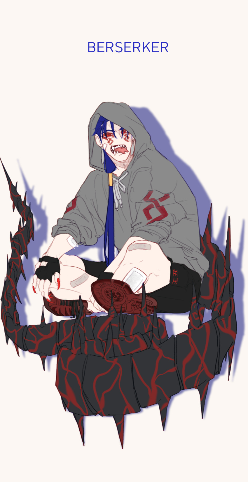 1boy absurdres alternate_costume bandages blue_hair contemporary crossed_legs cu_chulainn_(fate)_(all) cu_chulainn_alter_(fate/grand_order) earrings facepaint fang fate/grand_order fate_(series) fingerless_gloves fingernails forked_tongue full_body gloves highres hood hood_up hoodie jewelry long_hair monster_boy nail_polish open_mouth ponytail red_eyes sharp_fingernails sharp_teeth shoes shorts simple_background sitting sneakers solo spikes tail teeth tensei_(thscjstod) tongue tongue_out type-moon white_background