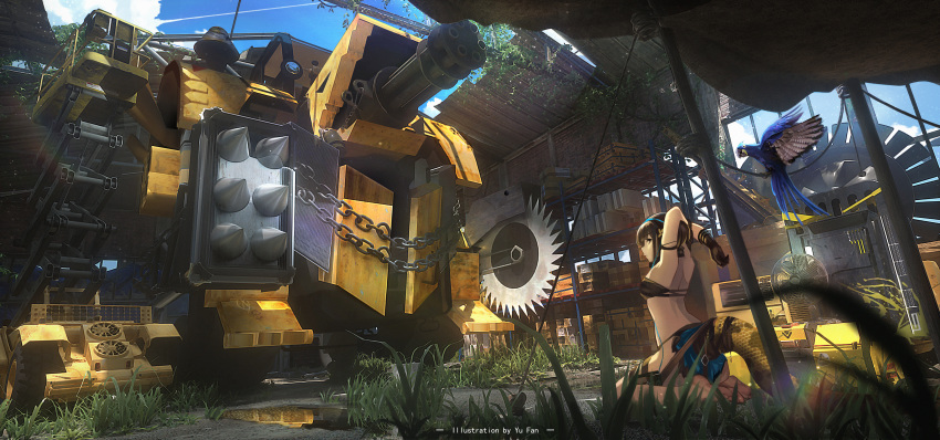 1girl absurdres arknights artist_name backless_outfit barefoot bird brown_hair chain circular_saw double-flo electric_fan eunectes_(arknights) gatling_gun gloves grass highres huge_filesize mecha overgrown parrot pointy_ears ruins seiza sitting snake_tail tail warehouse