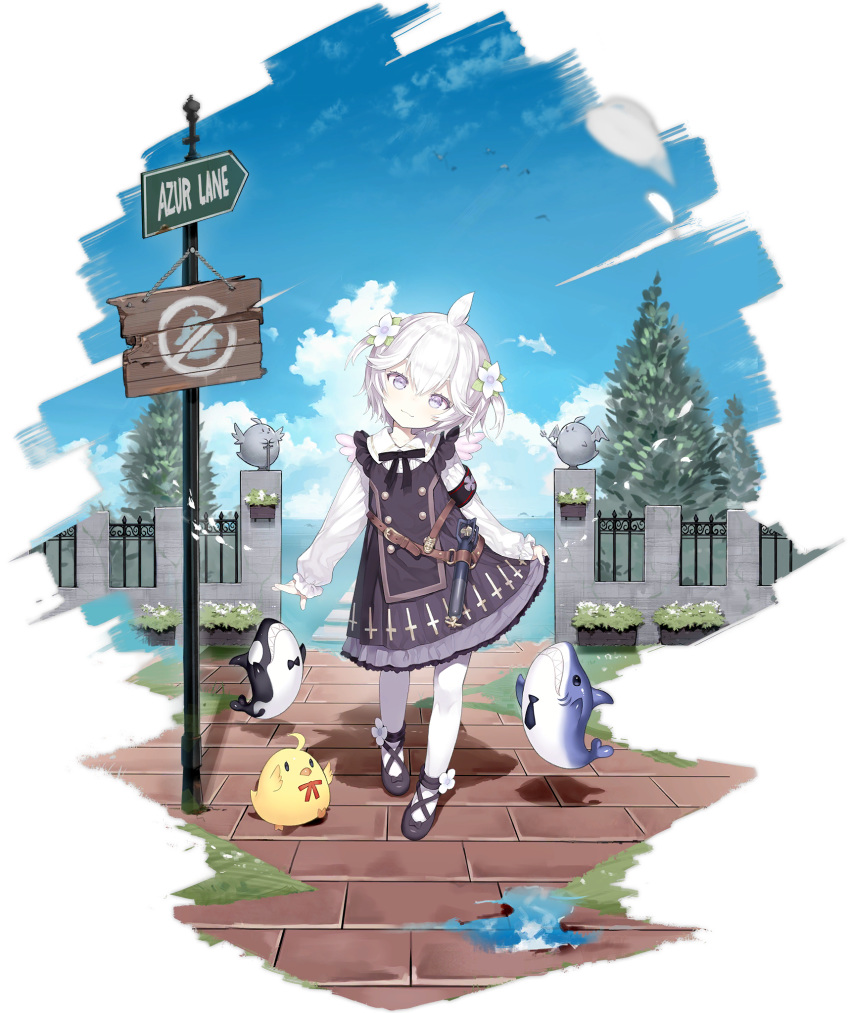 1girl :3 ahoge animal azur_lane belt bird black_dress black_footwear black_neckwear blue_sky capriccio chick clouds day dress flower full_body hair_flower hair_ornament head_tilt highres long_sleeves looking_at_viewer manjuu_(azur_lane) neck_ribbon official_art outdoors pantyhose pavement ribbon shadow shoes short_hair sign sky smile solo standing stuffed_animal stuffed_shark stuffed_toy transparent_background two_side_up u-110_(azur_lane) u-110_(shark's_dreamland)_(azur_lane) violet_eyes white_hair white_legwear