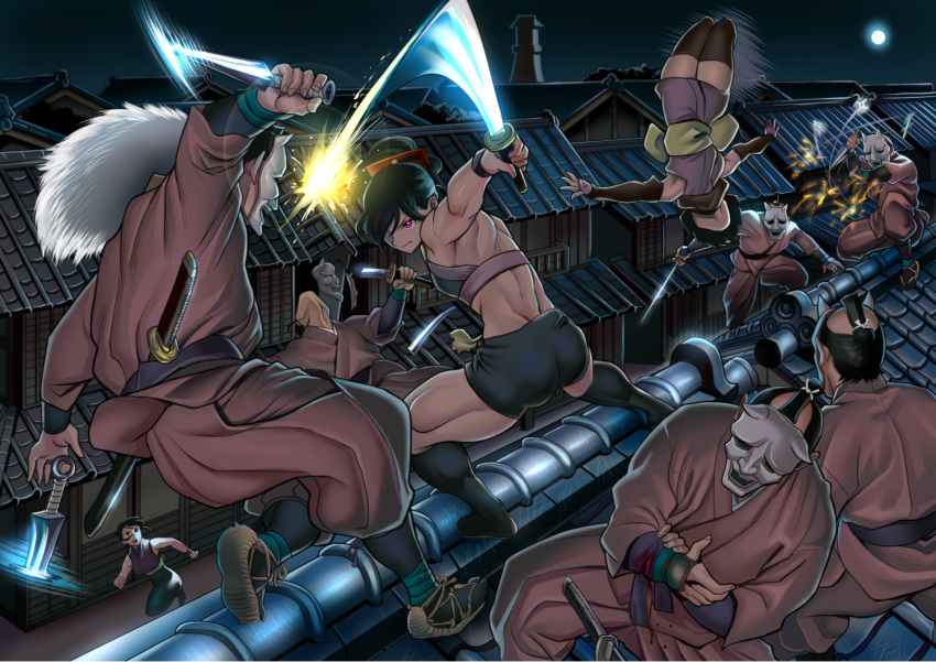 3girls 6+boys action ankle_wrap architecture arm_guards armpits ass bangs battle black_hair black_legwear black_shorts bodystocking broken broken_mask broken_weapon building city crop_top cuts detached_sleeves dual_wielding east_asian_architecture facing_away falling flat_chest frown full_moon fur gesogeso hair_ornament hair_over_one_eye halterneck hannya holding holding_sword holding_weapon house injury japanese_clothes jumping kimono kneehighs kunai looking_at_another looking_away looking_to_the_side looking_up mask mask_removed midriff moon motion_lines multiple_boys multiple_girls muscle muscular_female night night_sky ninja obi on_roof one_eye_covered one_knee oni_mask original outdoors outstretched_arm pants pelt ponytail purple_kimono red_eyes reverse_grip road rooftop running sandals sash scarf sheath sheathed short_hair short_kimono shorts shuriken sidelocks sky slash slashing sleeveless squatting sword tabi thigh-highs throwing topknot towel unsheathed upside-down waraji weapon wooden_house wrist_wrap wristband zantetsu_(gesogeso) zettai_ryouiki