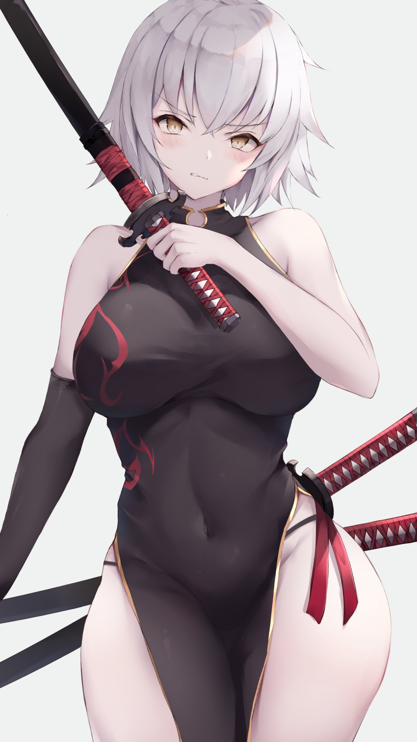 1girl absurdres ahoge bangs bare_shoulders black_dress black_gloves blush breasts china_dress chinese_clothes clenched_teeth covered_navel dress elbow_gloves fate/grand_order fate_(series) gloves highres jeanne_d'arc_(alter)_(fate) jeanne_d'arc_(fate)_(all) katana kisaki_oni large_breasts long_hair looking_at_viewer pelvic_curtain sheath side_slit silver_hair single_elbow_glove sword teeth very_long_hair weapon yellow_eyes