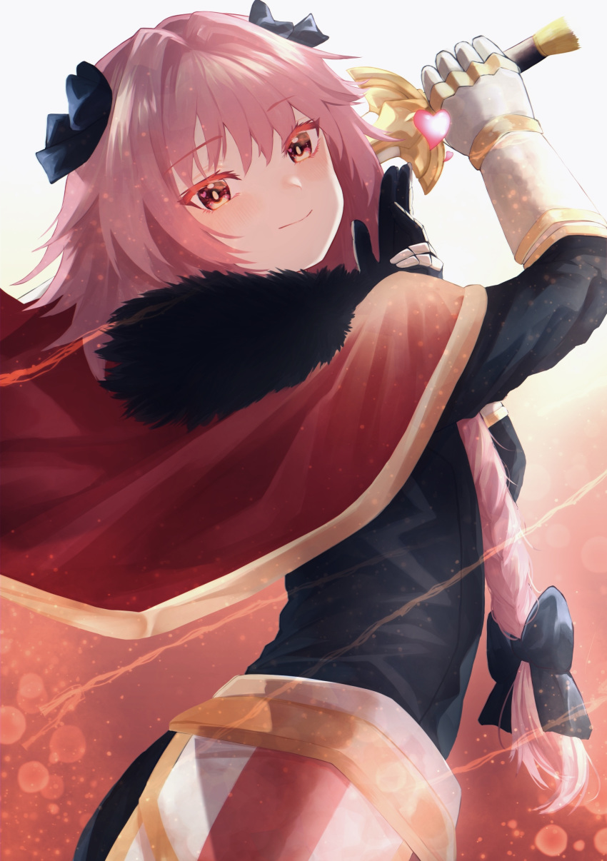 1girl absurdres armor astolfo_(fate) bangs black_shirt blush bow braid cape closed_mouth fate_(series) faulds from_below from_side fur-trimmed_cape fur_collar fur_trim gauntlets hair_bow hair_intakes hair_ribbon heart highres holding holding_sword holding_weapon long_braid long_hair long_sleeves looking_at_viewer looking_to_the_side male_focus otoko_no_ko pearlscale0818 pink_hair red_cape ribbon shirt single_braid smile solo sword weapon