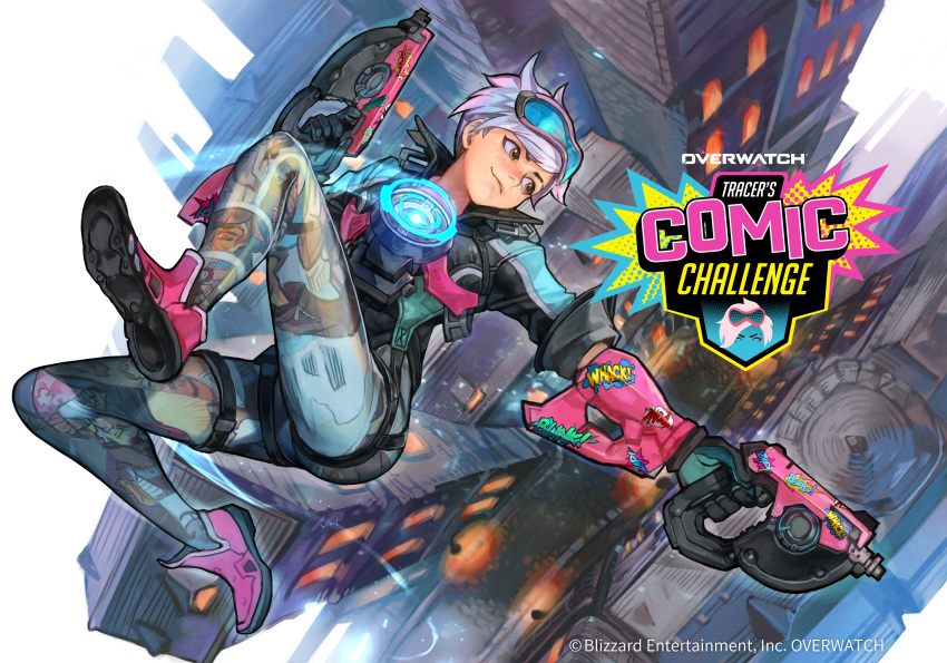1girl absurdres alternate_costume alternate_hair_color black_gloves bodysuit bomber_jacket brown_eyes chest_harness comic_book_tracer commentary_request copyright_name dual_wielding falling finger_on_trigger full_body gloves goggles goggles_on_head gun hankuri harness highres holding jacket king's_row_(overwatch) looking_back machine_pistol official_art overwatch pink_footwear print_bodysuit purple_hair shoes short_hair skin_tight sleeves_pushed_up sneakers solo tracer_(overwatch) weapon