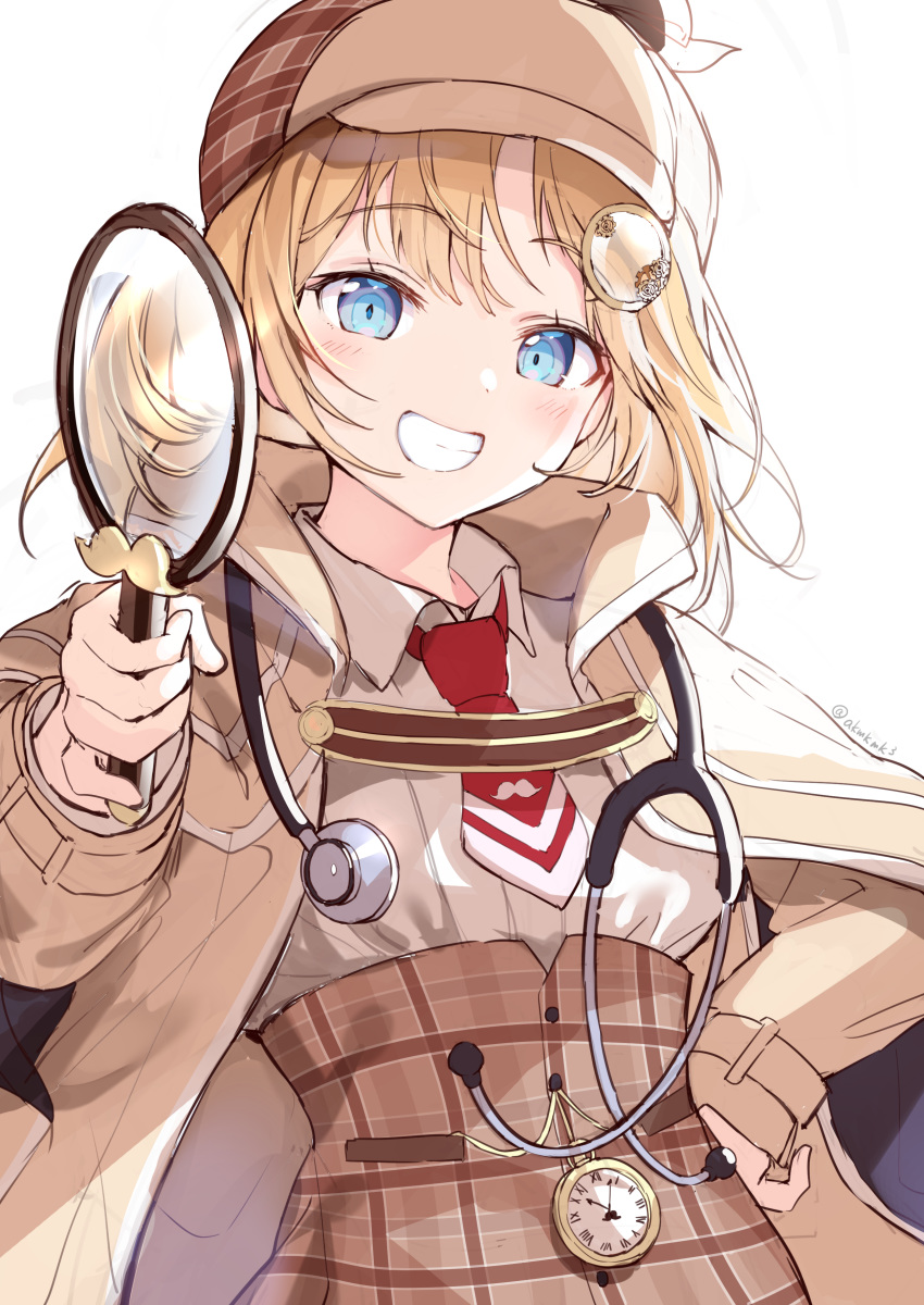 1girl :d absurdres bangs blonde_hair blue_eyes blush brown_coat brown_headwear coat collared_shirt commentary_request curcumin deerstalker eyebrows_visible_through_hair grin hair_ornament hairclip hand_on_hip hat highres holding holding_magnifying_glass hololive hololive_english long_sleeves magnifying_glass necktie open_clothes open_coat open_mouth red_neckwear shirt short_hair simple_background smile solo teeth twitter_username upper_body virtual_youtuber watson_amelia white_background white_shirt