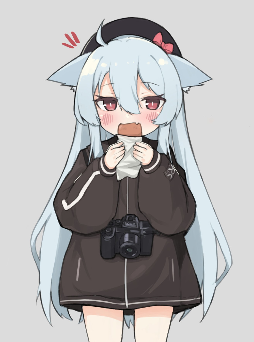 1girl animal_ears bare_legs black_headwear camera camera_on_neck ears_down eating fang fang_out fenrir_(fenriluuu) food hat hat_ribbon highres jacket light_blue_hair long_hair long_sleeves no_pants original ribbon standing very_long_hair wolf_ears