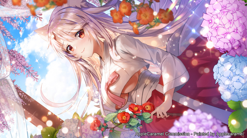 1girl animal_ears apple_caramel artist_name breasts clouds commission day dutch_angle flower flower_request highres holding holding_flower hydrangea long_sleeves medium_breasts original red_skirt skirt solo under_boob