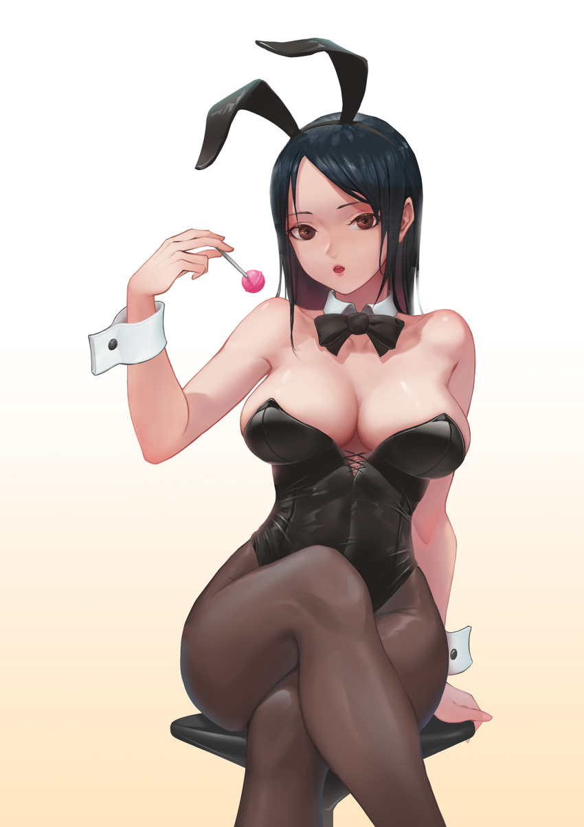 1girl animal_ears arm_behind_back arm_support bangs black_hair black_leotard bloom bow bowtie breasts brown_legwear bunnysuit candy collarbone crossed_legs detached_collar fake_animal_ears food gradient gradient_background hand_up highleg highleg_leotard highres holding holding_candy holding_food holding_lollipop jrajazon leotard lips lollipop long_hair looking_at_viewer medium_breasts open_mouth orange_eyes original pantyhose parted_bangs rabbit_ears shiny shiny_skin sitting solo stool strapless strapless_leotard wide_hips wrist_cuffs