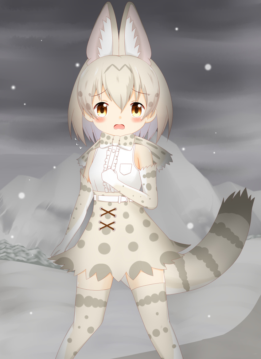 1girl absurdres animal_ear_fluff animal_ears bangs bare_shoulders blush breasts brown_eyes center_frills character_request clouds cloudy_sky commentary_request elbow_gloves eyebrows_visible_through_hair frills gloves grey_gloves grey_hair grey_legwear grey_skirt hair_between_eyes high-waist_skirt highres kemono_friends looking_at_viewer mountain open_mouth outdoors overcast shin01571 shirt skirt sky sleeveless sleeveless_shirt small_breasts snow snowing solo standing striped_tail tail thigh-highs white_gloves white_shirt