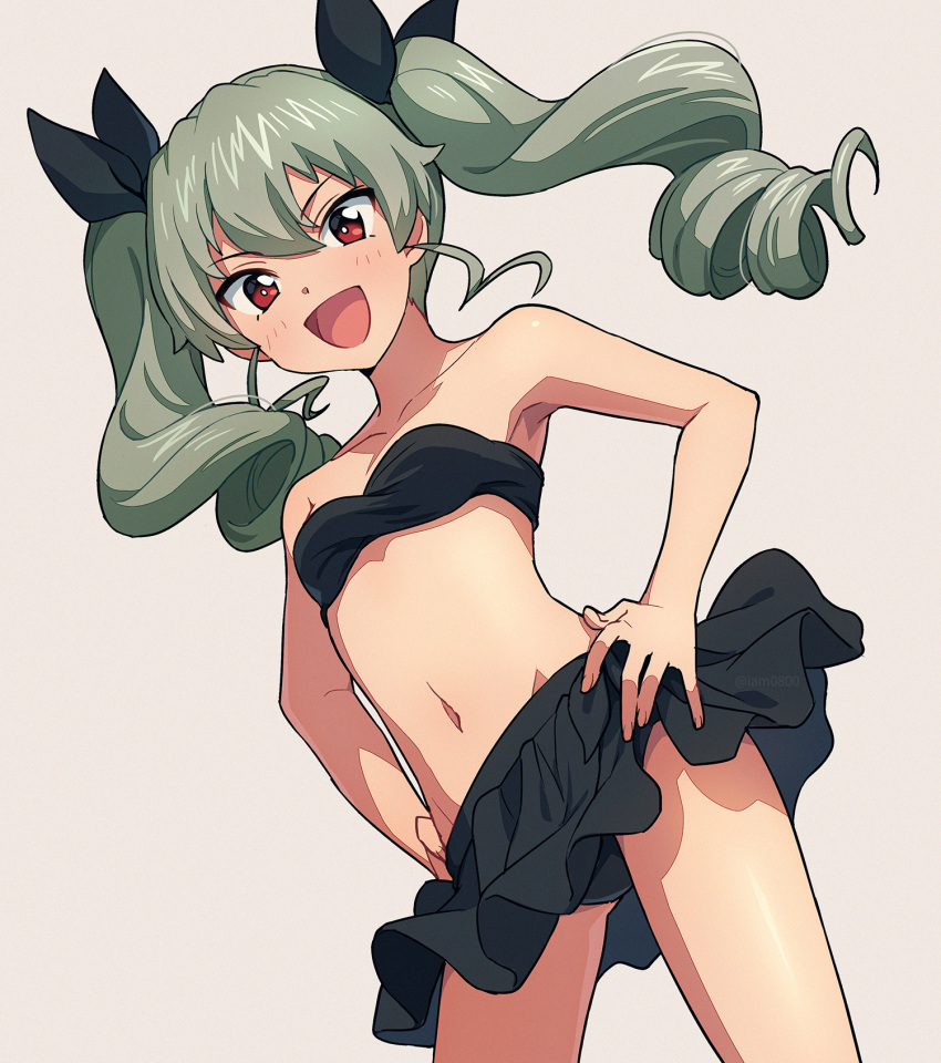 1girl :d anchovy_(girls_und_panzer) bikini black_bikini black_ribbon blush breasts commentary_request drill_hair frilled_bikini frills girls_und_panzer green_hair grey_background hair_ribbon hands_on_hips highres looking_at_viewer navel open_mouth red_eyes ribbon sayshownen simple_background small_breasts smile solo swimsuit thighs twin_drills