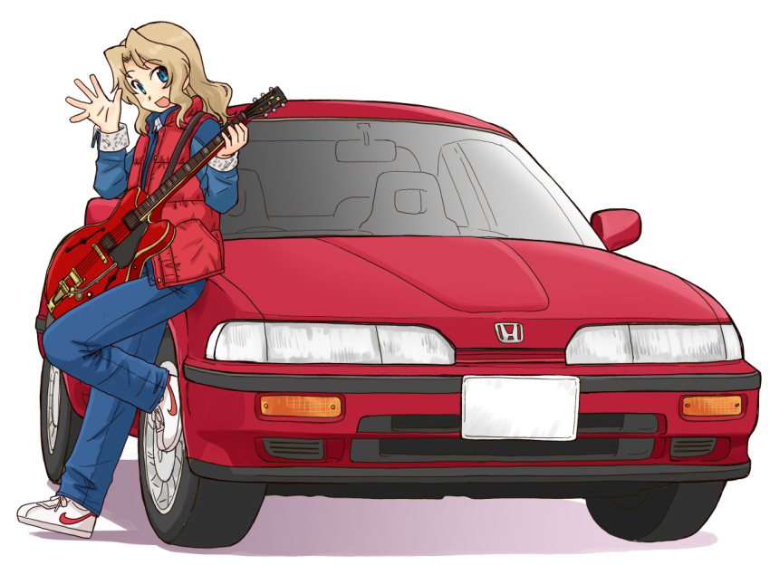 1girl :d back_to_the_future blonde_hair blue_eyes blue_jacket blue_pants commentary cosplay denim denim_jacket electric_guitar emblem foot_up girls_und_panzer guitar hair_intakes holding holding_instrument honda honda_integra instrument jacket jeans kay_(girls_und_panzer) leaning_back long_hair long_sleeves looking_at_viewer marty_mcfly marty_mcfly_(cosplay) nike open_clothes open_mouth open_vest pants red_vest shadow shoes simple_background smile sneakers solo standing uona_telepin vest waving white_background white_footwear