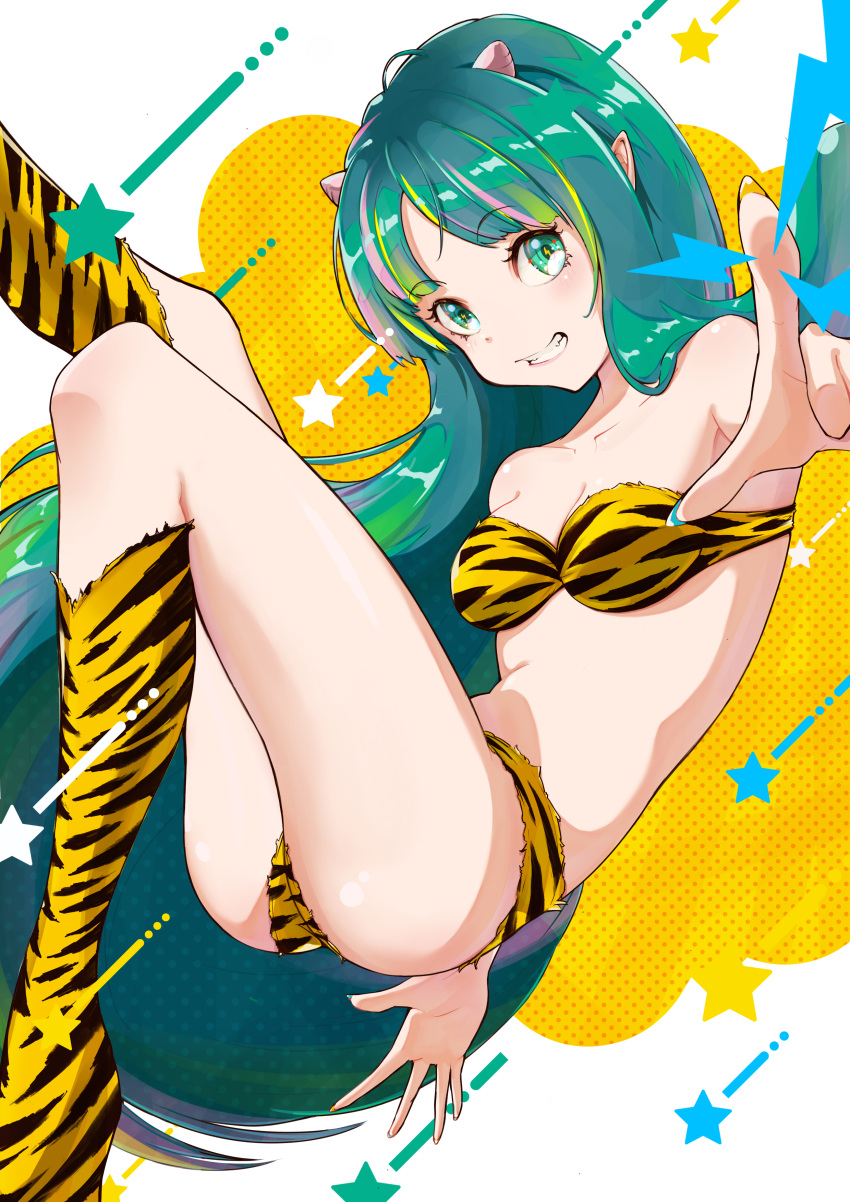 1girl absurdres animal_print ass bangs bare_arms bare_shoulders bikini blush boots breasts collarbone commentary_request eyebrows_visible_through_hair fingernails green_eyes green_hair highres horns itou_kazuki knee_boots lips long_hair looking_at_viewer lum medium_breasts multicolored multicolored_hair multicolored_nails oni oni_horns parted_lips pink_hair shiny shiny_hair shiny_skin simple_background smile solo star_(symbol) starry_background strapless strapless_bikini swimsuit symbol-shaped_pupils teeth thighs tiger_print tiger_stripes urusei_yatsura