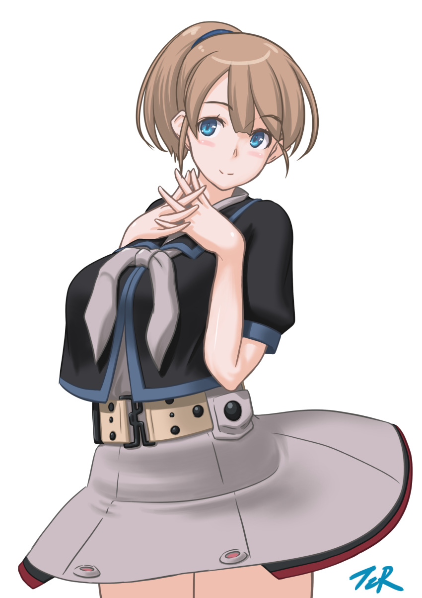 1girl belt black_shirt blue_eyes breasts brown_hair character_name cowboy_shot grey_neckwear hands_clasped highres intrepid_(kantai_collection) kantai_collection large_breasts own_hands_together ponytail shirt short_hair simple_background skirt solo t2r white_background white_skirt