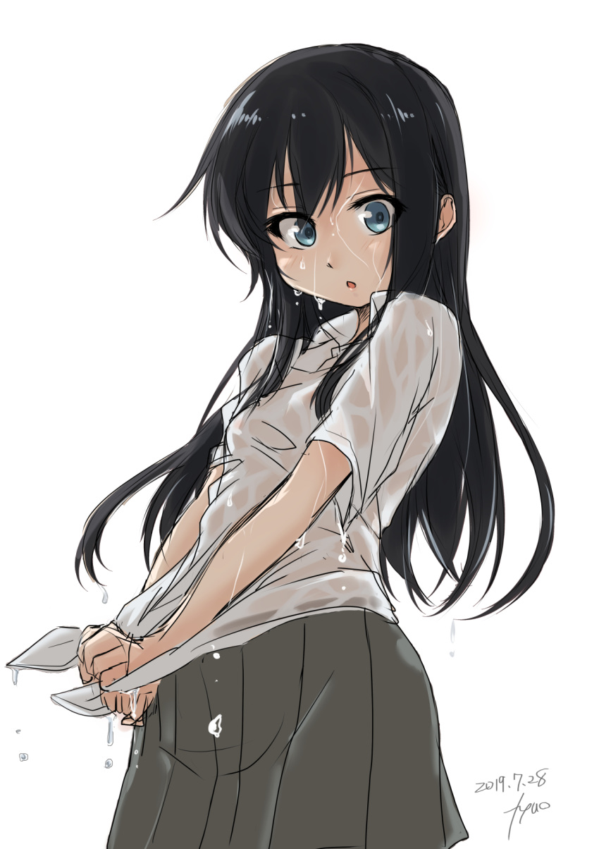 1girl asashio_(kantai_collection) black_hair blue_eyes commentary_request cowboy_shot dress_shirt fyuo grey_skirt highres kantai_collection long_hair looking_at_viewer pleated_skirt shirt short_sleeves simple_background skirt solo wet wet_clothes white_background white_shirt wringing wringing_clothes