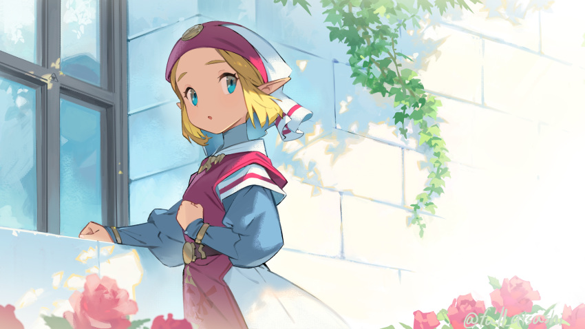 1girl :o blanco026 blonde_hair blue_eyes commentary_request cowboy_shot day dress flower forehead from_behind hand_on_own_chest highres long_sleeves looking_at_viewer looking_back open_mouth outdoors pink_flower pointy_ears princess_zelda puffy_long_sleeves puffy_sleeves short_hair solo stone_wall tabard the_legend_of_zelda the_legend_of_zelda:_ocarina_of_time veil wall white_dress window young_zelda