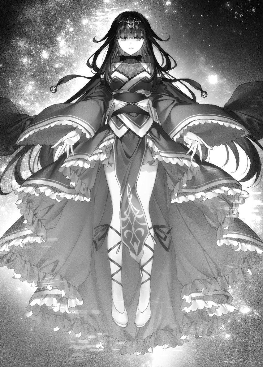 1girl bangs bare_shoulders blunt_bangs breasts character_request commentary_request covered_collarbone detached_sleeves earrings full_body greyscale highres jewelry long_hair long_sleeves looking_at_viewer monochrome seiken_gakuin_no_maken_tsukai shoes small_breasts smile solo toosaka_asagi very_long_hair