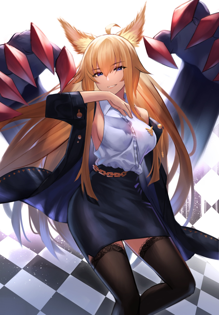 1girl absurdres animal_ears black_legwear black_skirt blonde_hair blue_eyes breasts character_request copyright_request highres huge_filesize jacket long_hair looking_at_viewer lordol medium_breasts original shirt simple_background skirt smirk solo thigh-highs white_shirt