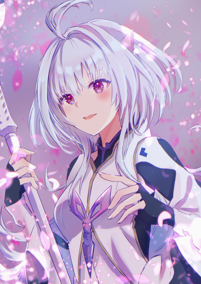 1girl absurdres ahoge bangs black_gloves blush breasts fate/grand_order fate/prototype fate_(series) fingerless_gloves gloves highres holding holding_staff lapisglanz long_hair long_sleeves looking_at_viewer medium_breasts merlin_(fate/prototype) open_mouth petals smile staff very_long_hair violet_eyes white_hair white_robe wide_sleeves