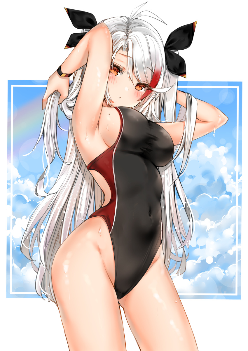 1girl :&lt; absurdres antenna_hair armpits arms_behind_head azur_lane bangs blush breasts brown_eyes competition_swimsuit eyebrows_visible_through_hair hair_between_eyes highleg highres large_breasts long_hair looking_at_viewer mole mole_on_breast multicolored_hair one-piece_swimsuit prinz_eugen_(azur_lane) redhead ribbon silver_hair solo streaked_hair swimsuit thighs two_side_up very_long_hair wet yukineko1018