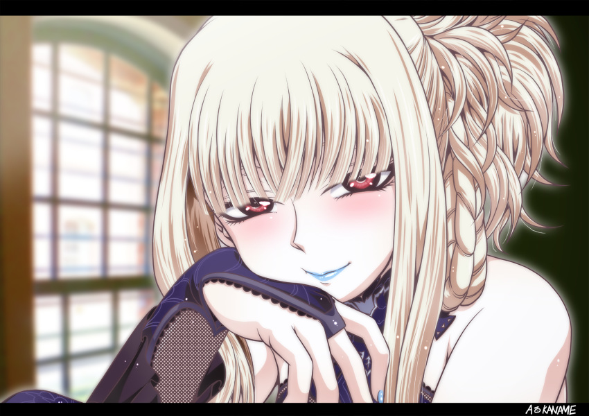 1girl aoki_hagane_no_arpeggio artist_name bangs blonde_hair blue_lipstick blue_nails blunt_bangs blurry blush braid bridal_gauntlets brown_eyes commentary_request depth_of_field hair_up highres kaname_aomame kongou_(aoki_hagane_no_arpeggio) lipstick looking_at_viewer makeup sidelocks sleeveless smile solo window